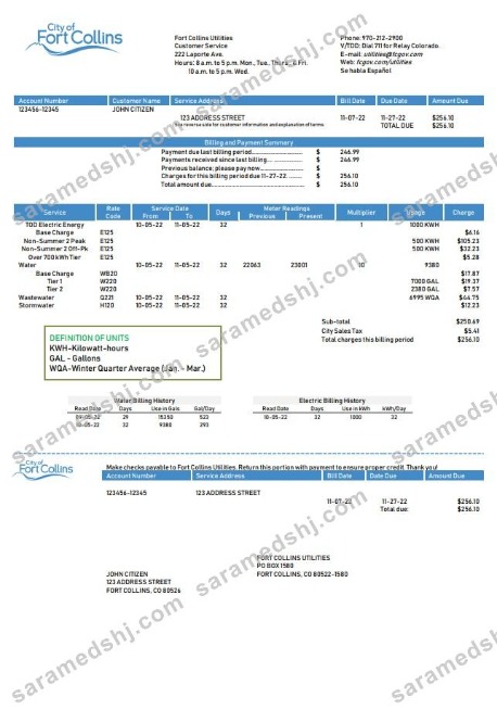 USA Colorado Fort Collins Utilities utility bill template in Word and PDF format